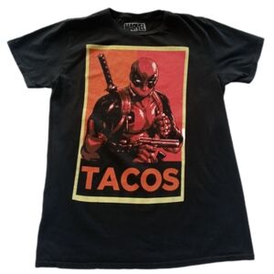 EUC Deadpool Black Marvel T-Shirt with Red Tacos Graphic Design, Size Medium